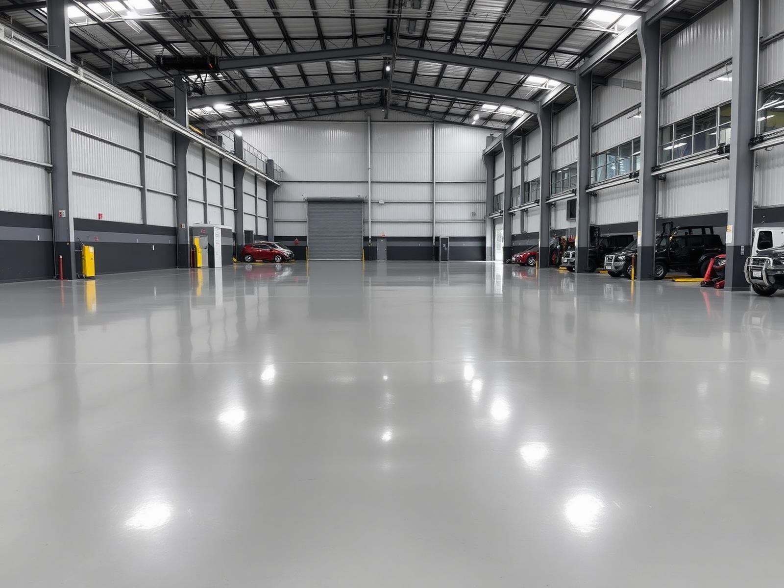 Large commercial warehouse floor with seamless polyaspartic coating