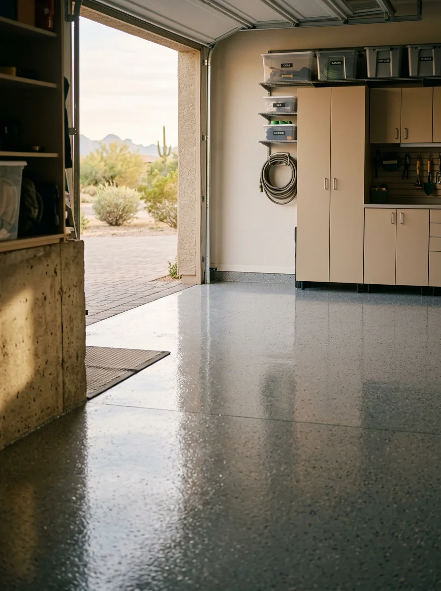 Epoxy-coated garage floor in an Apache Junction 55-plus community home showing a clean, non-porous surface with organized storage.