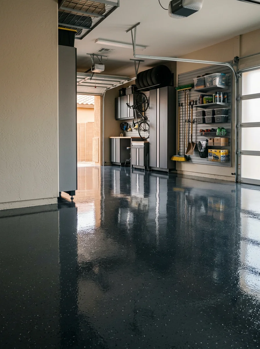 Glossy polyaspartic-coated garage floor with custom cabinetry and wall storage in a Chandler residence
