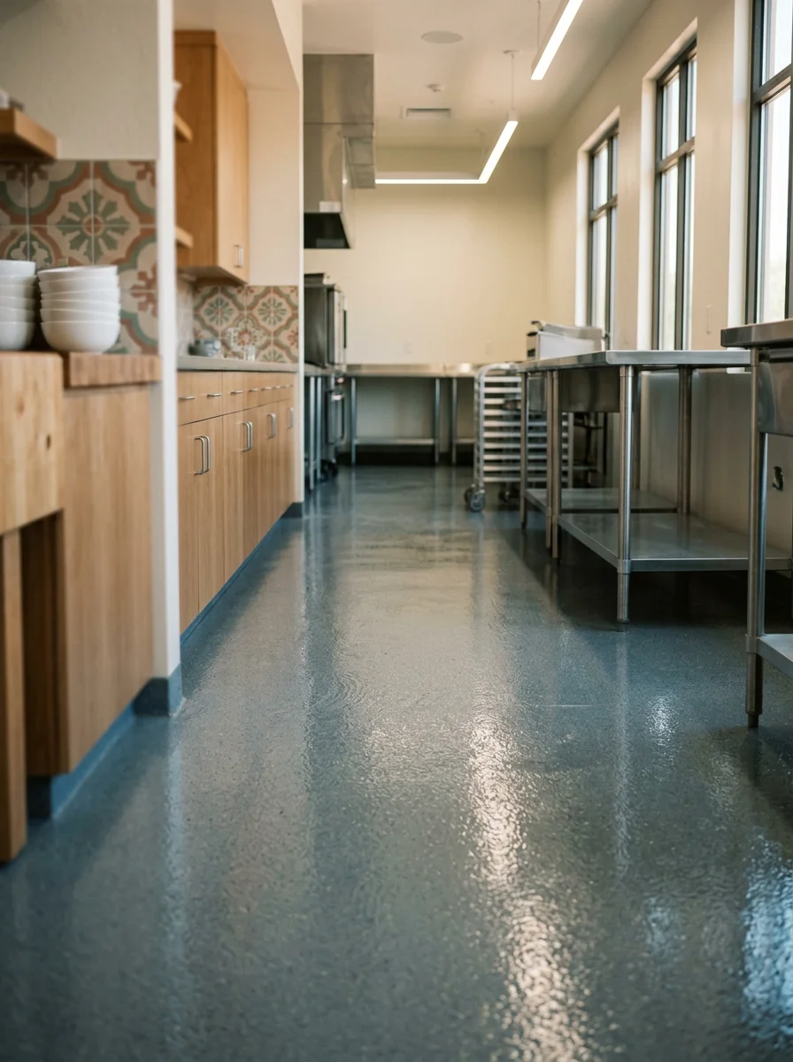 Commercial epoxy floor coating in a Gilbert restaurant kitchen showing a seamless, chemical-resistant surface under stainless steel equipment.