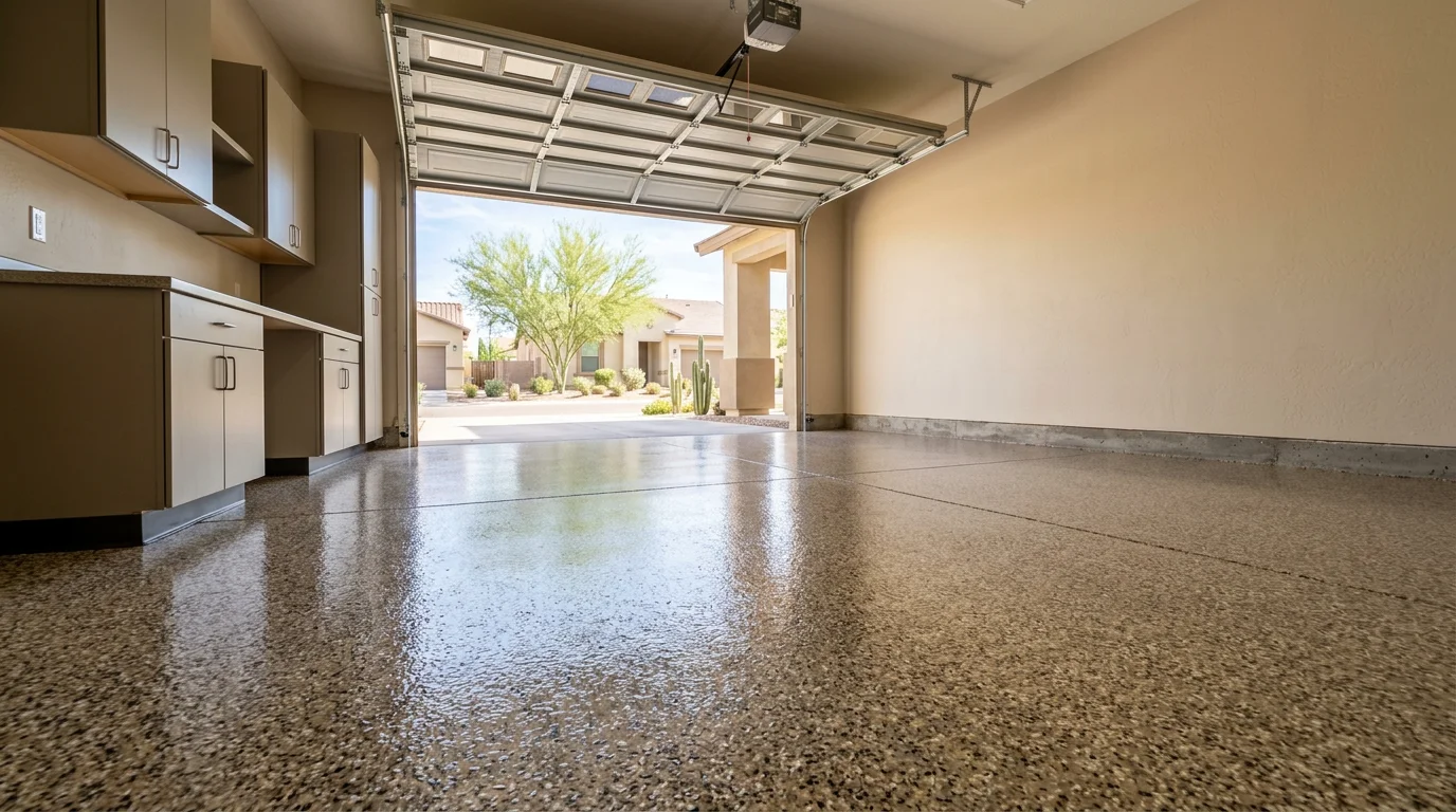 Polyaspartic-coated garage floor in a Gilbert master-planned community home with clean chip finish and wall-mounted cabinetry.