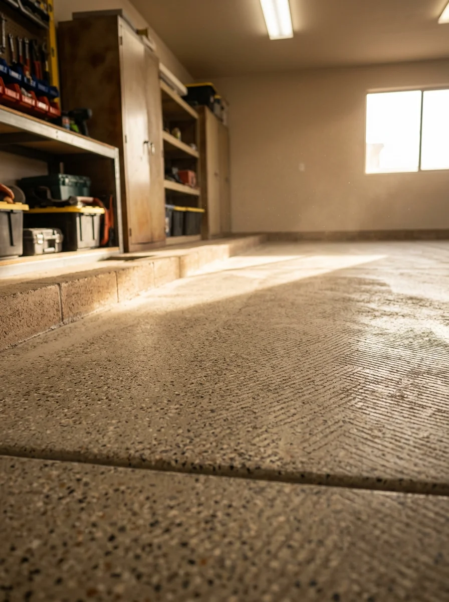 Close-up of a diamond-ground concrete slab in a Gilbert garage showing the textured surface profile before coating application.