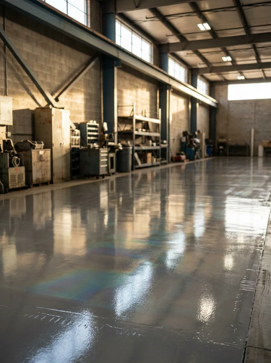 Commercial polyaspartic floor coating in a Mesa industrial space near Phoenix-Mesa Gateway Airport showing a seamless, high-gloss surface.