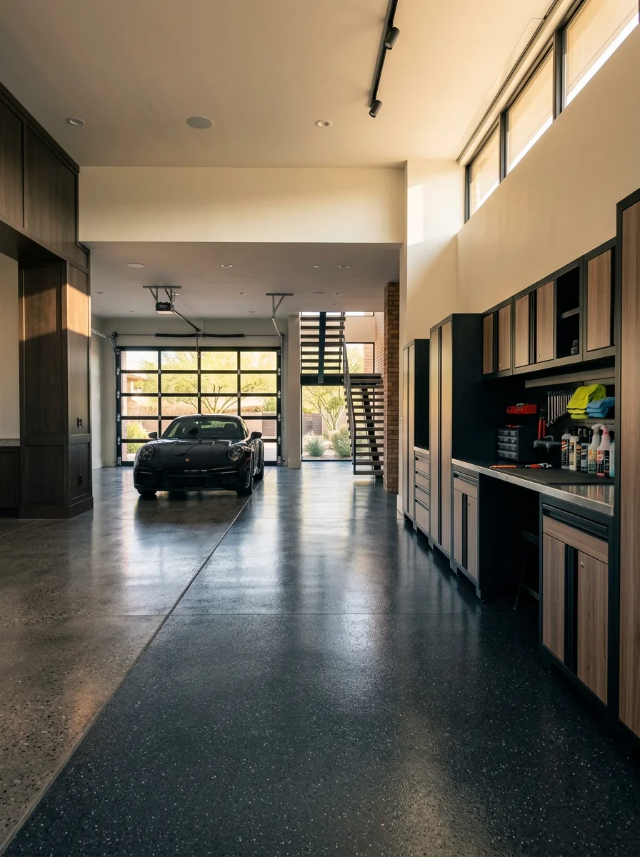 High-end garage interior with epoxy-coated floor and custom cabinetry in modern estate home
