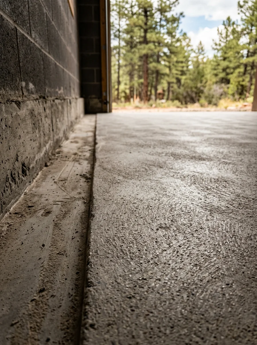Close-up of a diamond-ground concrete slab in a White Mountains garage showing the textured surface profile before polyaspartic coating is applied.