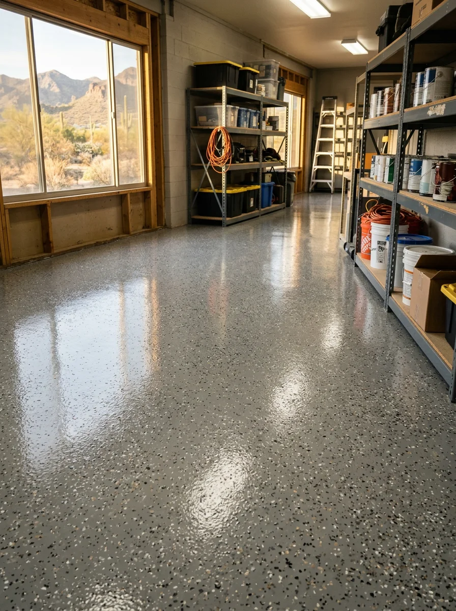 Epoxy-coated concrete floor in a Queen Creek detached workshop showing a sealed, non-porous surface with equipment stored along the walls.