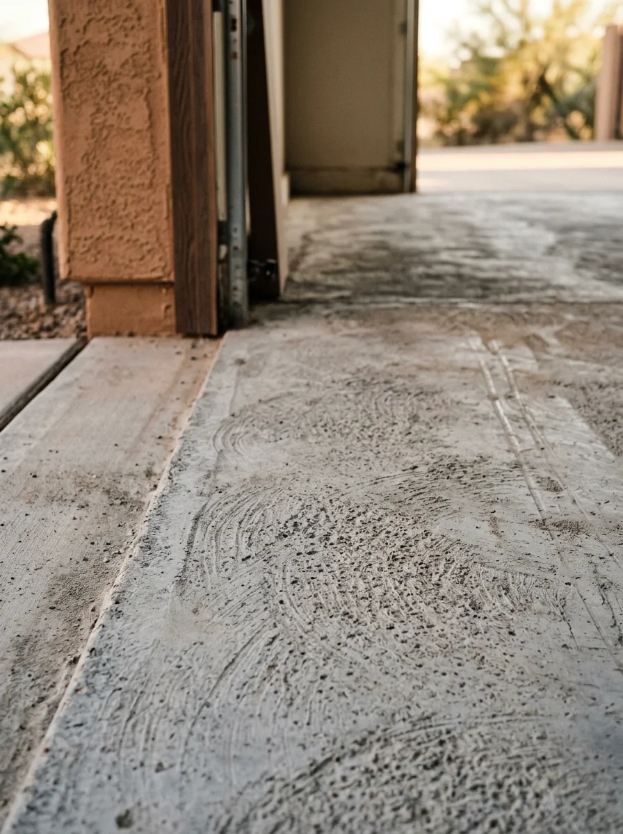 Diamond-ground concrete slab in a San Tan Valley garage showing the open, textured surface profile ready for polyaspartic coating application.