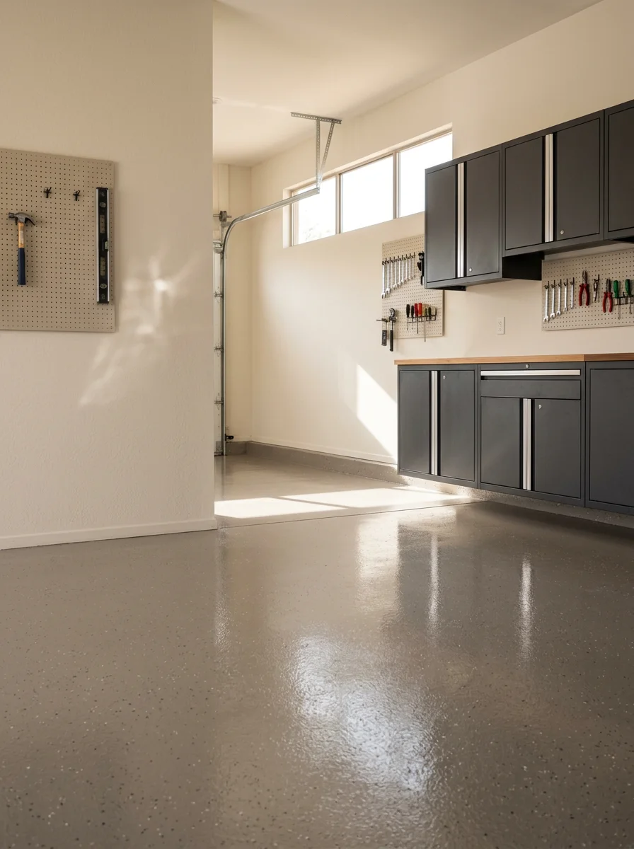 Custom garage cabinetry and epoxy floor installation in a Scottsdale luxury garage