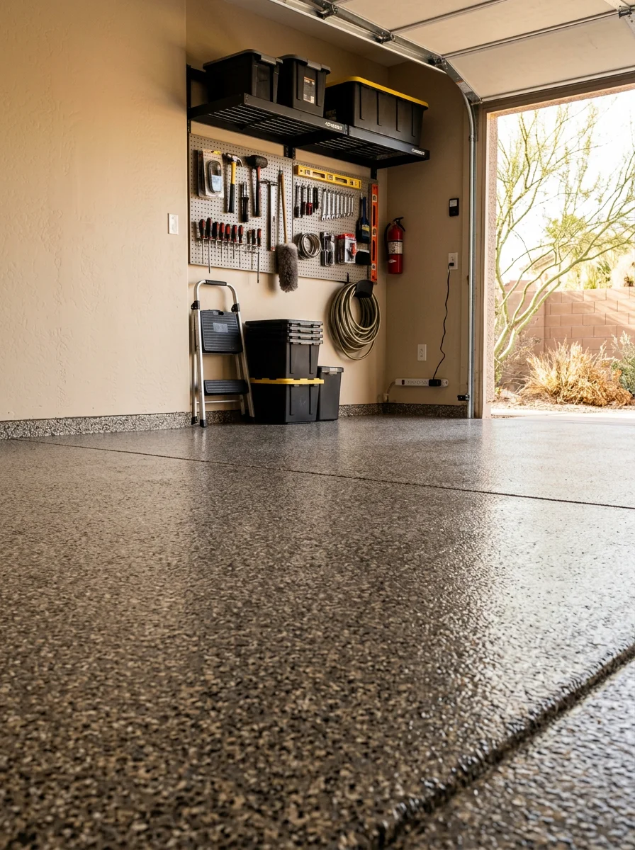 Polyaspartic-coated garage floor in a south Tempe home with a chip broadcast finish and organized wall storage.