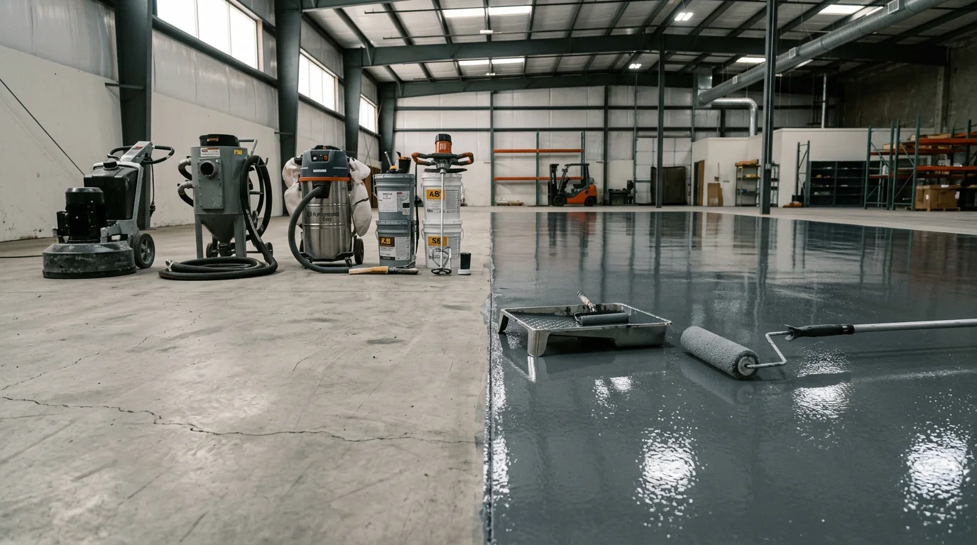 A freshly coated commercial concrete floor inside an East Valley Arizona business facility, showing a smooth, high-gloss surface under overhead lighting. The finished floor reflects the clean, professional result of a commercial coating installation by The Garage Monkey LLC in the Gilbert area.