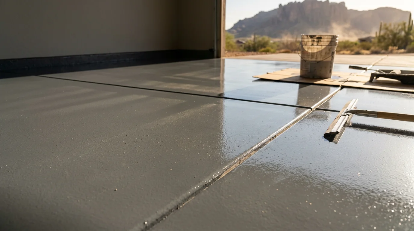 A finished epoxy-coated garage floor in a Gilbert, AZ home showing a smooth, glossy surface with decorative flake pattern. The sealed concrete reflects overhead lighting and shows no staining or dust accumulation.