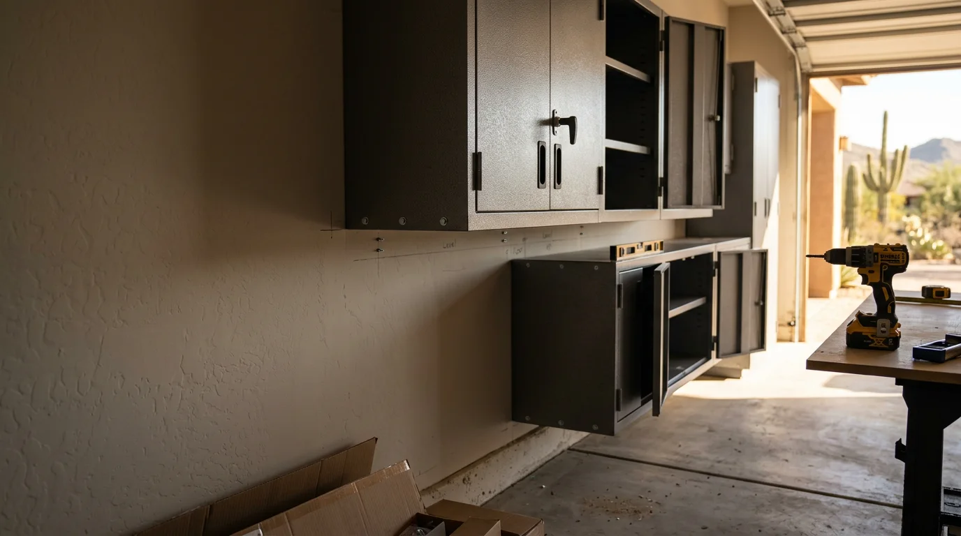 Finished garage cabinetry installation in a Gilbert, AZ home, showing floor-to-ceiling wall cabinets with closed doors and clear floor space. The garage interior is organized with tools and storage items fully enclosed behind cabinet panels.