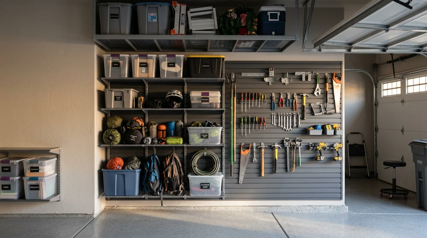A finished garage organization system installed in a Gilbert, AZ home, with wall-mounted storage, cleared floor space, and neatly arranged tools and gear. The organized layout reflects a desert home garage built to handle Arizona heat and daily use.