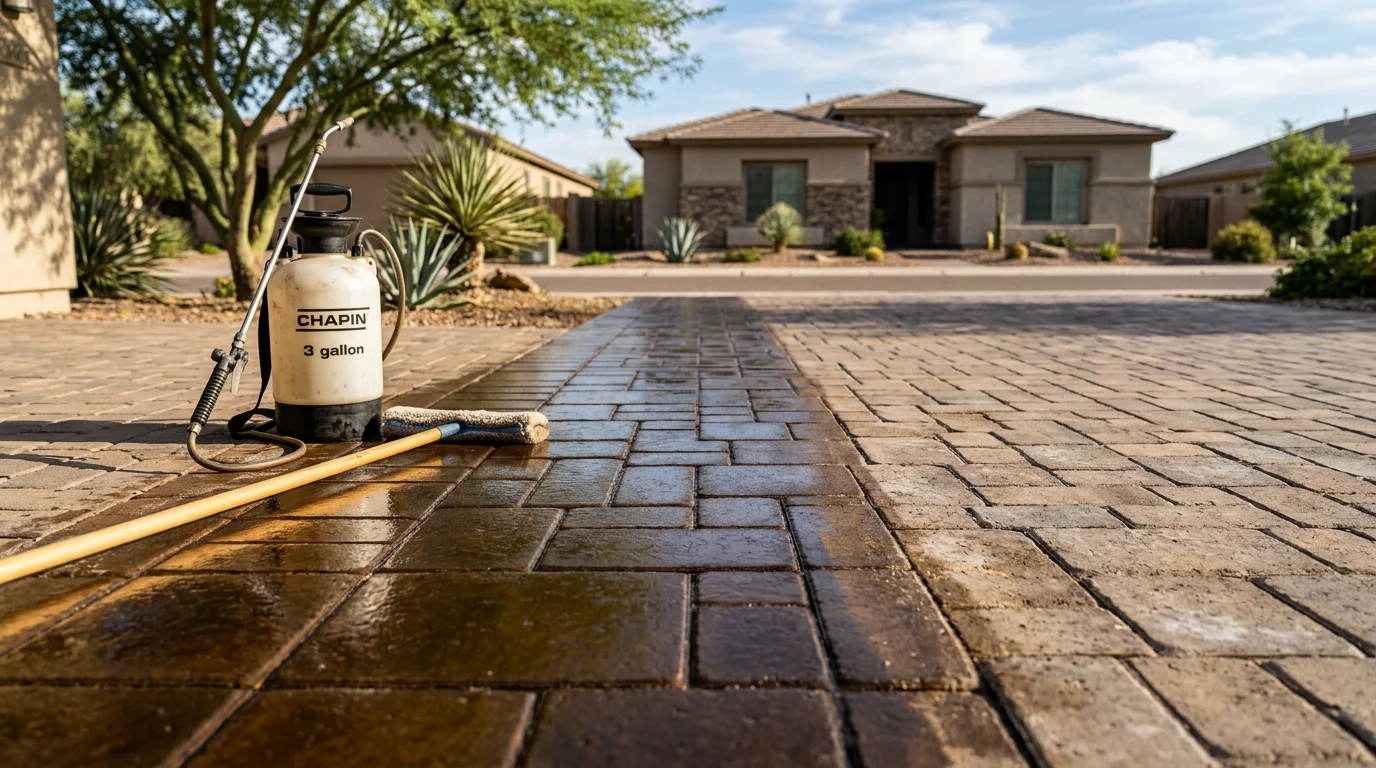Freshly sealed concrete pavers on a residential patio in Gilbert, AZ, showing restored color and a clean, uniform surface against a desert landscape backdrop. Close-up view highlights the protective sheen on the paver surface with no visible joint erosion or staining.