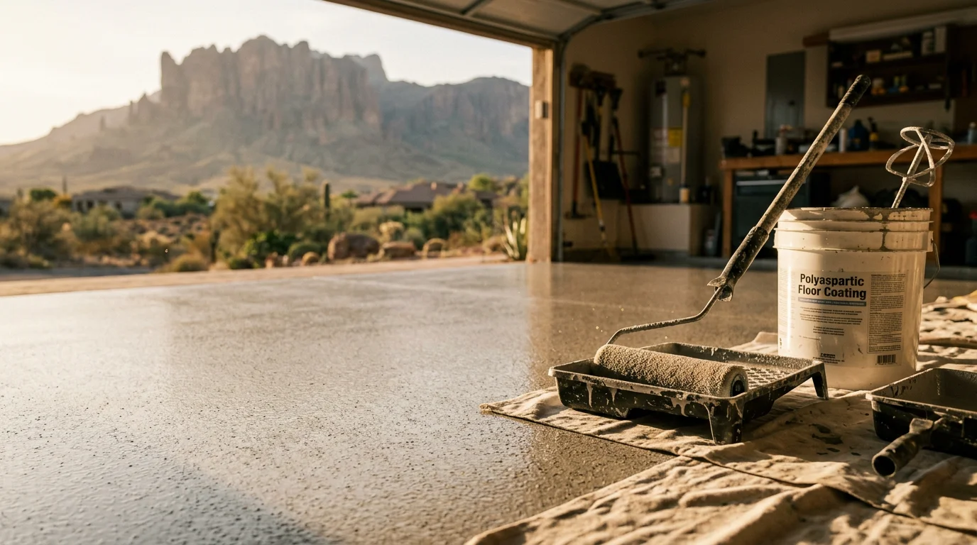 A finished polyaspartic-coated garage floor in Gilbert, AZ, showing a smooth, high-gloss surface free of cracks and staining. The coating reflects the garage interior cleanly, with no yellowing or peeling visible along the slab edges.