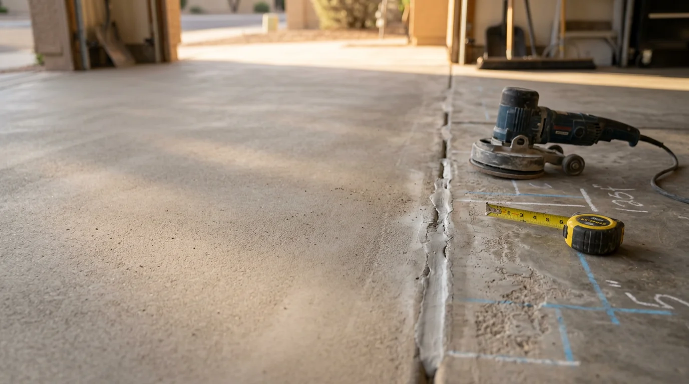 A repaired concrete garage floor in a Gilbert, AZ home showing a smooth, crack-free slab surface. The garage interior reflects the desert residential setting with natural light entering from the garage door opening.